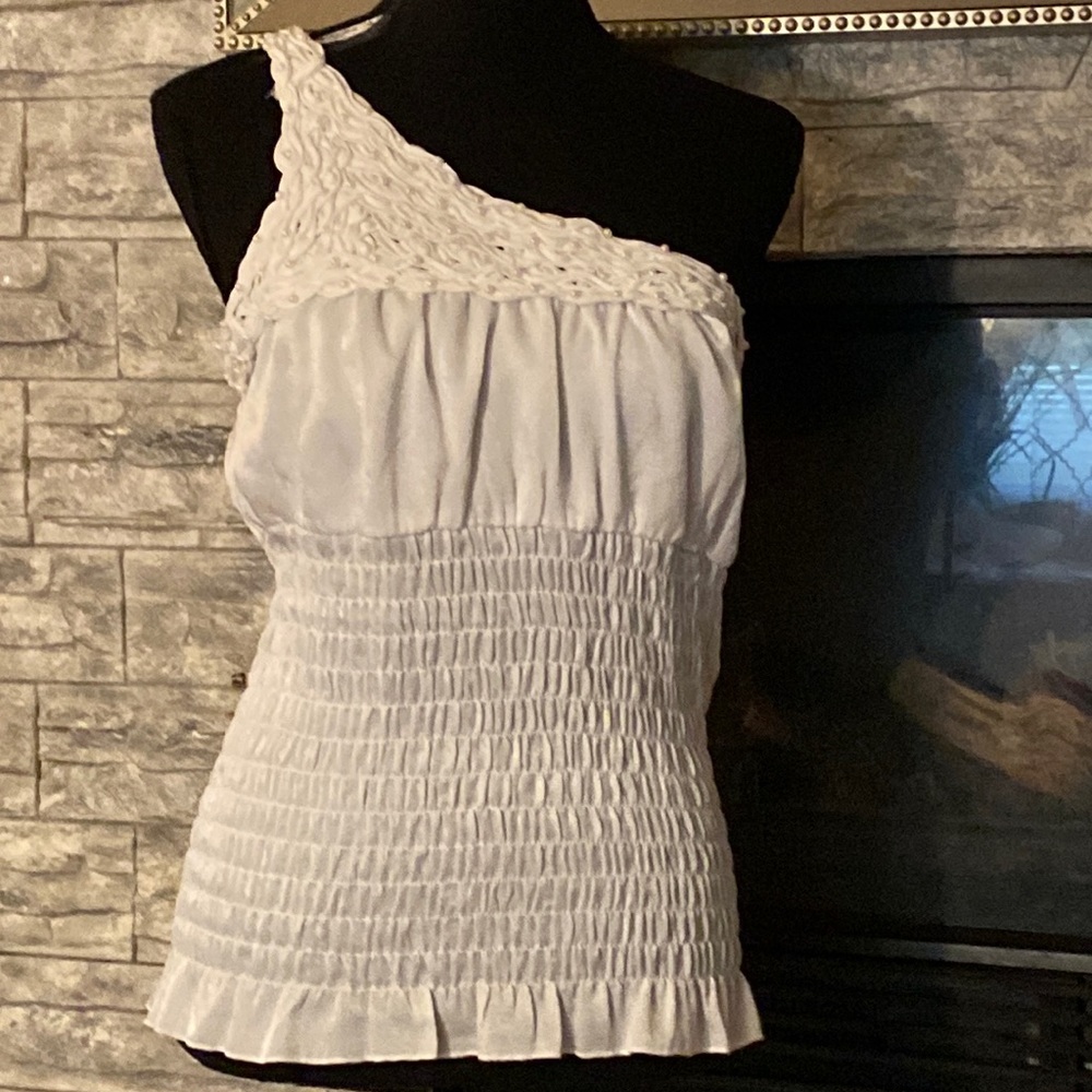 Papaya One Sleeve Pearl Beaded Blouse Size Large